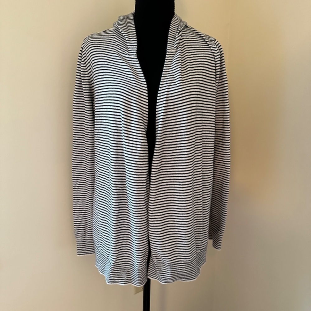 *LOFT* Black x White Striped Hooded Open Front Sweater Size Medium